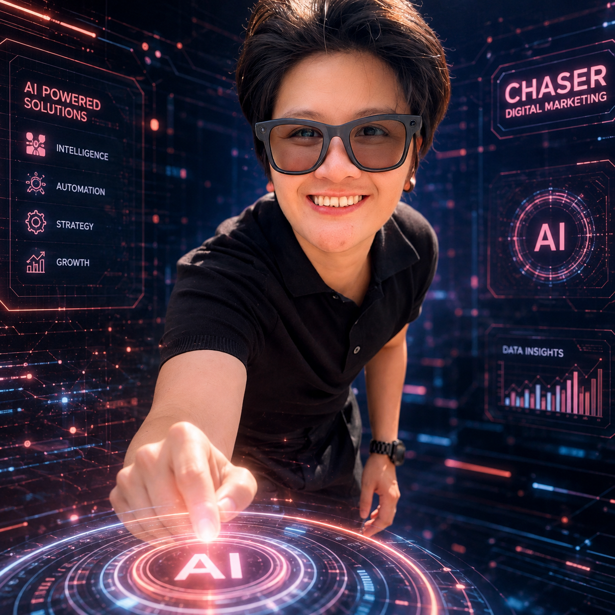 Cheysserr Enriquez, founder of theChaser Digital Marketing, interacting with an AI-powered digital interface
